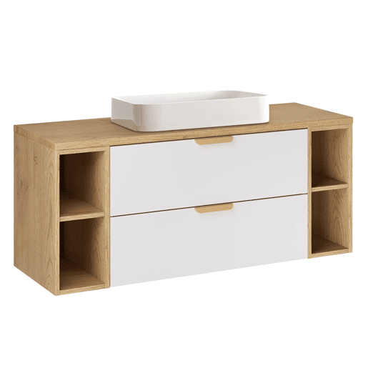 Conjunto de lavatório individual de 120 cm com 4 nichos e coluna Oria Branco mate
