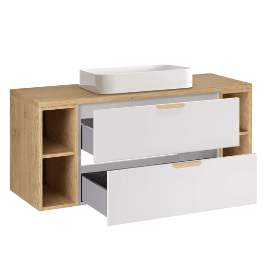Conjunto de lavatório individual de 120 cm com 4 nichos e coluna Oria Branco mate