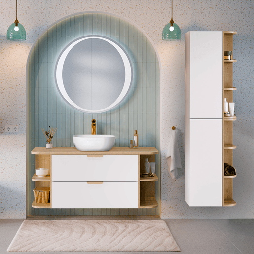 Conjunto móvel sob-lavatório 120cm nichos arredondados e coluna Oria Branco mate