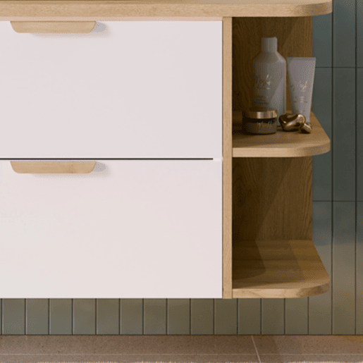Conjunto móvel sob-lavatório 120cm nichos arredondados e coluna Oria Branco mate