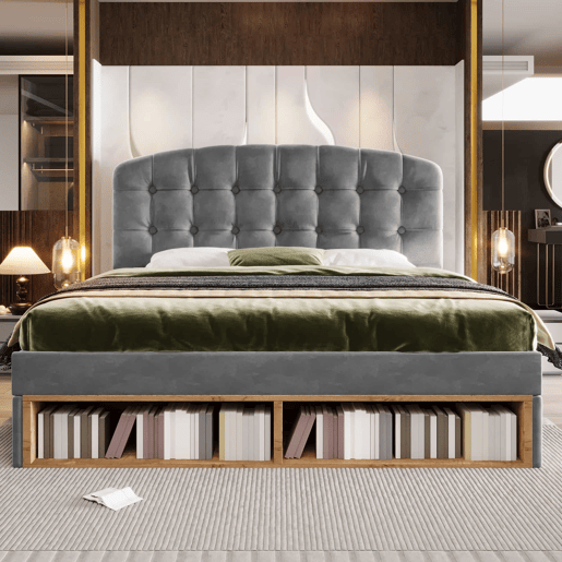 Cama de casal 140x200 - Similpelle com cabeceira ajustável, gavetas e espaço de arrumação - Cinza