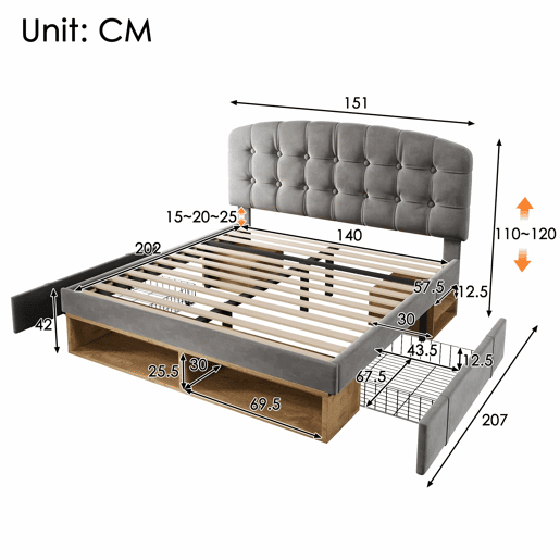Cama de casal 140x200 - Similpelle com cabeceira ajustável, gavetas e espaço de arrumação - Cinza