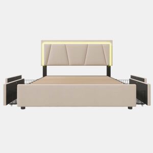 Cama estofada 160x200 cm - 4 gavetas, cabeceira ajustável, LED, base de madeira - bege