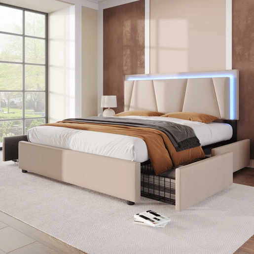 Cama estofada 160x200 cm - 4 gavetas, cabeceira ajustável, LED, base de madeira - bege