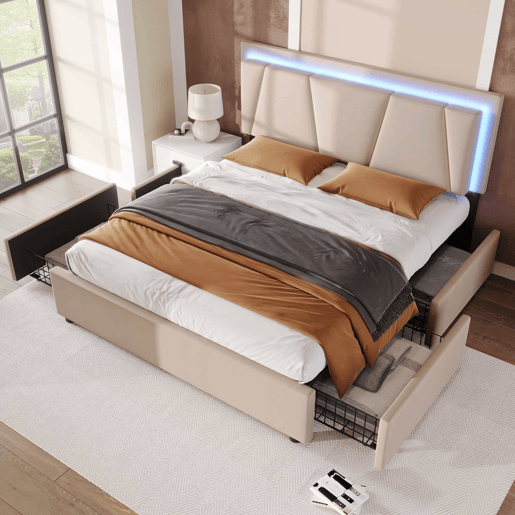 Cama estofada 160x200 cm - 4 gavetas, cabeceira ajustável, LED, base de madeira - bege