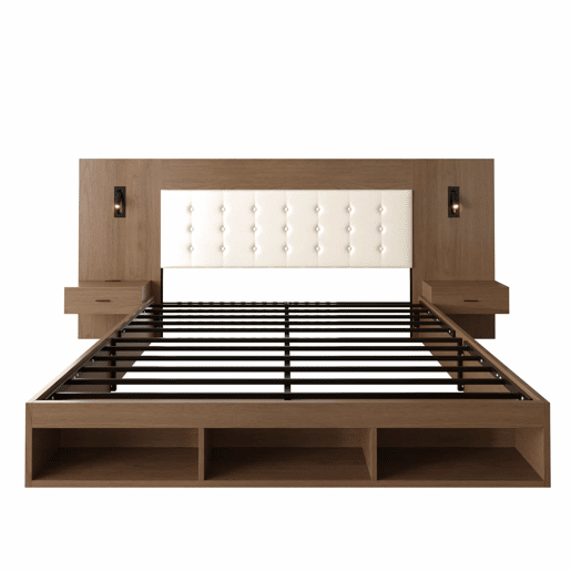 Cama de casal 180x200 cm - com arrumação, em madeira, estilo juvenil, com USB e Type-C, candeeiro de leitura, 2 mesas de cabeceira - Nogueira