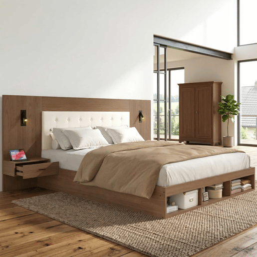 Cama de casal 180x200 cm - com arrumação, em madeira, estilo juvenil, com USB e Type-C, candeeiro de leitura, 2 mesas de cabeceira - Nogueira