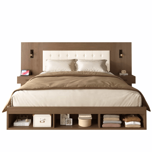 Cama de casal 180x200 cm - com arrumação, em madeira, estilo juvenil, com USB e Type-C, candeeiro de leitura, 2 mesas de cabeceira - Nogueira