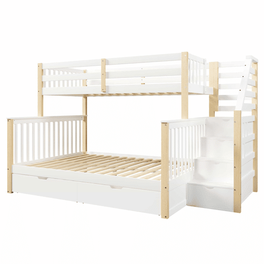 Cama de beliche 90x200 cm e 140x200 cm - Com gavetas, arrumação, multifuncional - Branco + Natural