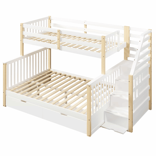 Cama de beliche 90x200 cm e 140x200 cm - Com gavetas, arrumação, multifuncional - Branco + Natural