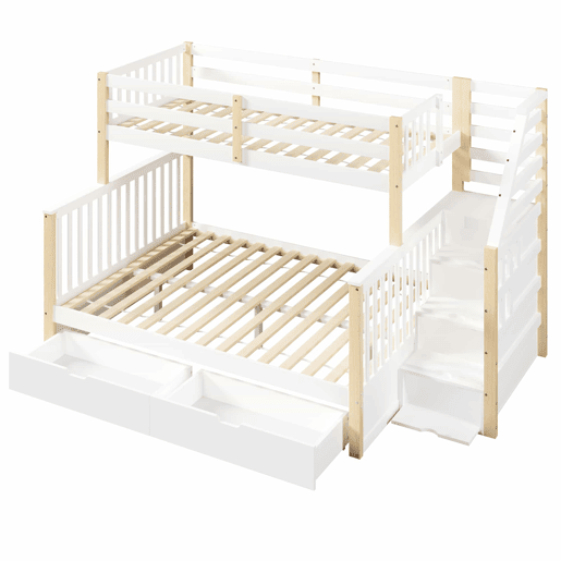 Cama de beliche 90x200 cm e 140x200 cm - Com gavetas, arrumação, multifuncional - Branco + Natural