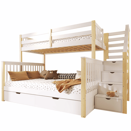 Cama de beliche 90x200 cm e 140x200 cm - Com gavetas, arrumação, multifuncional - Branco + Natural