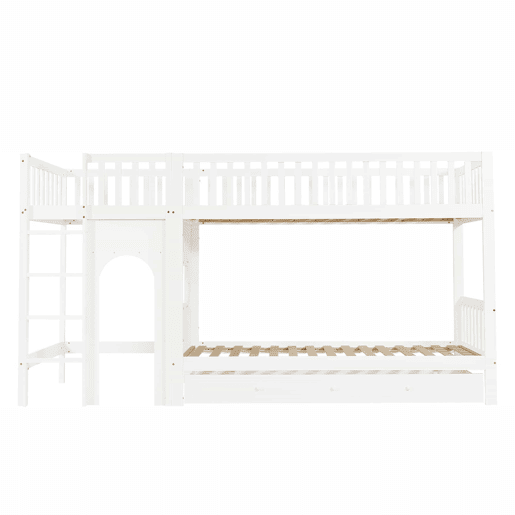 Cama alta infantil 90x200 - Escada reta de 4 degraus, grades nos 4 lados, design personalizável - Branco + Natural