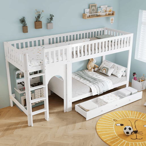 Cama alta infantil 90x200 - Escada reta de 4 degraus, grades nos 4 lados, design personalizável - Branco + Natural
