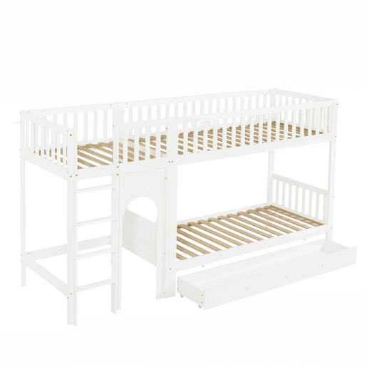 Cama alta infantil 90x200 - Escada reta de 4 degraus, grades nos 4 lados, design personalizável - Branco + Natural