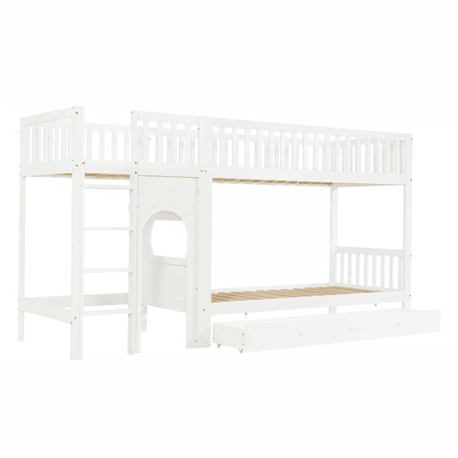 Cama alta infantil 90x200 - Escada reta de 4 degraus, grades nos 4 lados, design personalizável - Branco + Natural