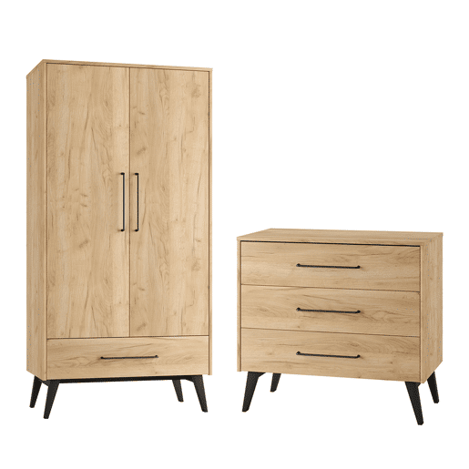 Cómoda de 3 gavetas e roupeiro de 2 portas Pinio Retro Wood