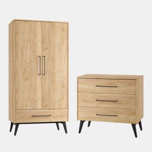 Cómoda de 3 gavetas e roupeiro de 2 portas Pinio Retro Wood