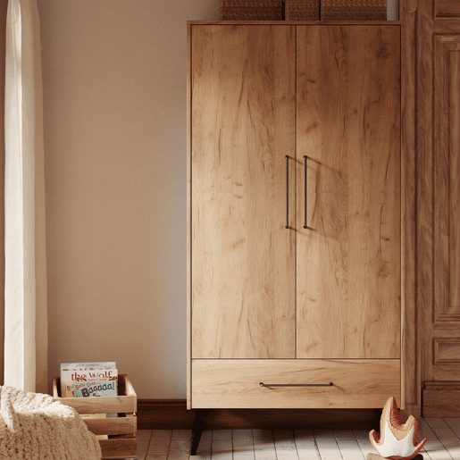 Cómoda de 3 gavetas e roupeiro de 2 portas Pinio Retro Wood