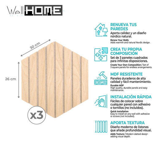 Conjunto de 3 painéis decorativos hexagonais 'Colva' da Well Home