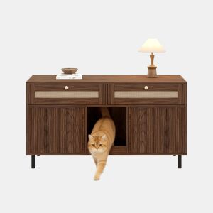 Móvel para caixa de areia para gatos 120x50x65 cm - com tapete para reter a areia, gavetas de rattan, aparadormóvel de TV multifuncional, sem caixa de areia - Cor nogueira