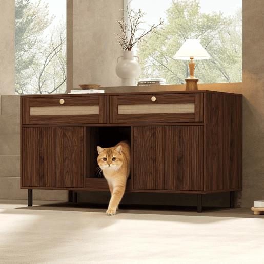 Móvel para caixa de areia para gatos 120x50x65 cm - com tapete para reter a areia, gavetas de rattan, aparadormóvel de TV multifuncional, sem caixa de areia - Cor nogueira