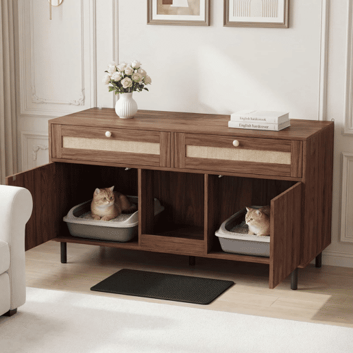 Móvel para caixa de areia para gatos 120x50x65 cm - com tapete para reter a areia, gavetas de rattan, aparadormóvel de TV multifuncional, sem caixa de areia - Cor nogueira