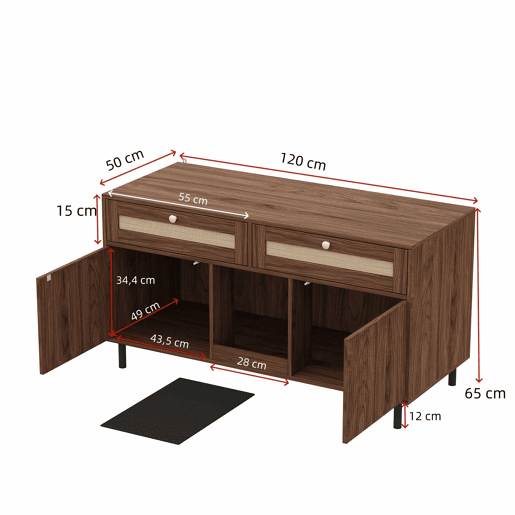 Móvel para caixa de areia para gatos 120x50x65 cm - com tapete para reter a areia, gavetas de rattan, aparadormóvel de TV multifuncional, sem caixa de areia - Cor nogueira