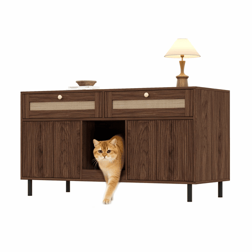Móvel para caixa de areia para gatos 120x50x65 cm - com tapete para reter a areia, gavetas de rattan, aparadormóvel de TV multifuncional, sem caixa de areia - Cor nogueira