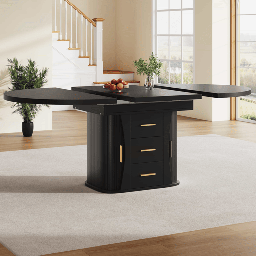 Mesa de jantar extensível de 118 a 158 cm u2013 redonda a oval, com 3 prateleiras de arrumação, para 6 pessoas u2013 preta Mesa de jantar extensível de 118 a 158 cm u2013 redonda a oval, com 3 prateleiras de arrumação, para 6 pessoas u2013 preta
