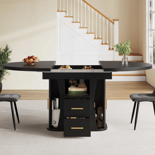 Mesa de jantar extensível de 118 a 158 cm u2013 redonda a oval, com 3 prateleiras de arrumação, para 6 pessoas u2013 preta Mesa de jantar extensível de 118 a 158 cm u2013 redonda a oval, com 3 prateleiras de arrumação, para 6 pessoas u2013 preta
