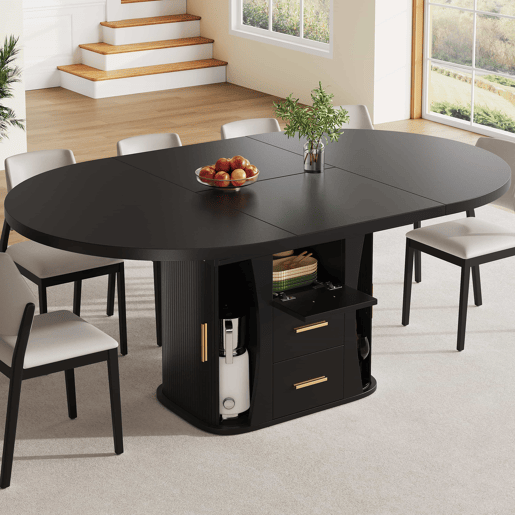 Mesa de jantar extensível de 118 a 158 cm u2013 redonda a oval, com 3 prateleiras de arrumação, para 6 pessoas u2013 preta Mesa de jantar extensível de 118 a 158 cm u2013 redonda a oval, com 3 prateleiras de arrumação, para 6 pessoas u2013 preta