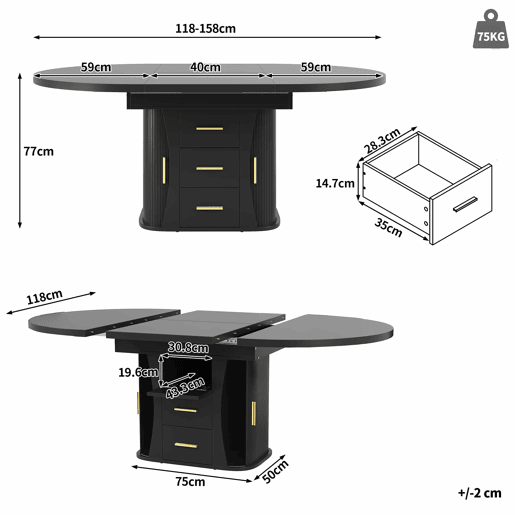 Mesa de jantar extensível de 118 a 158 cm u2013 redonda a oval, com 3 prateleiras de arrumação, para 6 pessoas u2013 preta Mesa de jantar extensível de 118 a 158 cm u2013 redonda a oval, com 3 prateleiras de arrumação, para 6 pessoas u2013 preta