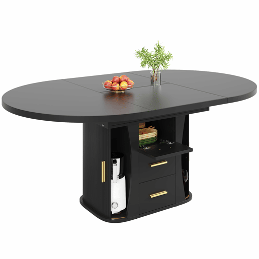 Mesa de jantar extensível de 118 a 158 cm u2013 redonda a oval, com 3 prateleiras de arrumação, para 6 pessoas u2013 preta Mesa de jantar extensível de 118 a 158 cm u2013 redonda a oval, com 3 prateleiras de arrumação, para 6 pessoas u2013 preta
