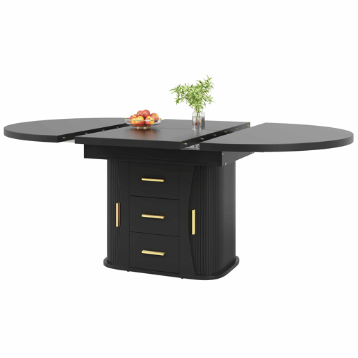 Mesa de jantar extensível de 118 a 158 cm u2013 redonda a oval, com 3 prateleiras de arrumação, para 6 pessoas u2013 preta Mesa de jantar extensível de 118 a 158 cm u2013 redonda a oval, com 3 prateleiras de arrumação, para 6 pessoas u2013 preta