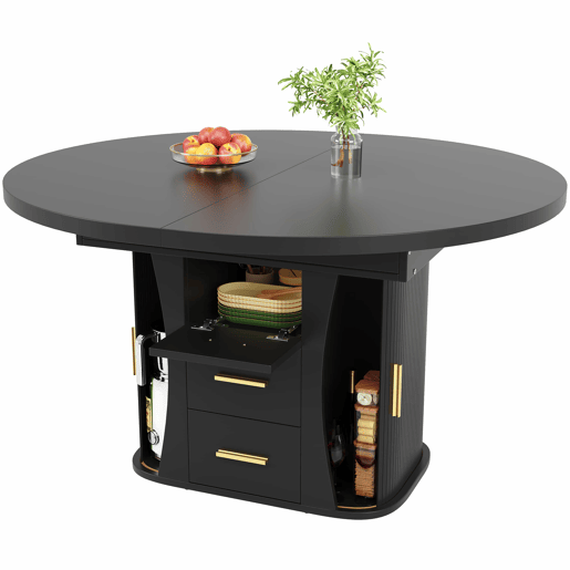 Mesa de jantar extensível de 118 a 158 cm u2013 redonda a oval, com 3 prateleiras de arrumação, para 6 pessoas u2013 preta Mesa de jantar extensível de 118 a 158 cm u2013 redonda a oval, com 3 prateleiras de arrumação, para 6 pessoas u2013 preta