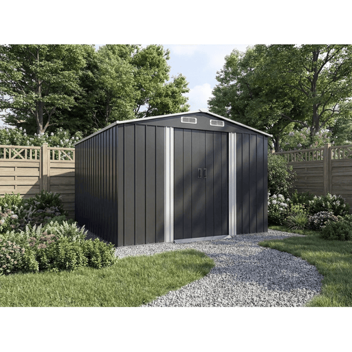 Cabaninha de jardim em metal com porta de correr > - 8 m² - Cinzento