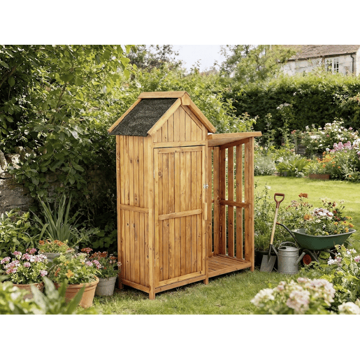 Armário de jardim em madeira oé com arrumação para troncos - 136 x 57 x 170 cm - Castanho