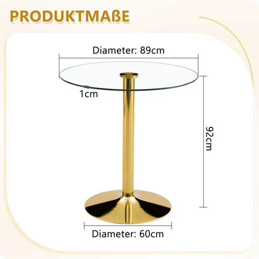 Mesa de bar redonda 89 cm - minimalista moderna, vidro temperado - douradotransparente