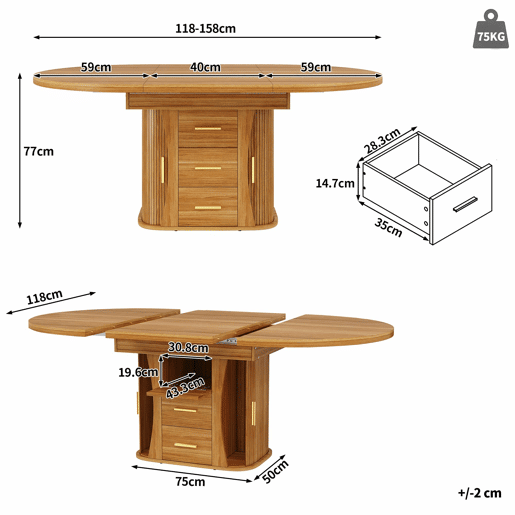 Mesa de jantar extensÃvel - 118-158 cm - Redonda a oval, 3 prateleiras, até 6 pessoas - Nogueira Mesa de jantar extensÃvel - 118-158 cm - Redonda a oval, 3 prateleiras, até 6 pessoas - Nogueira