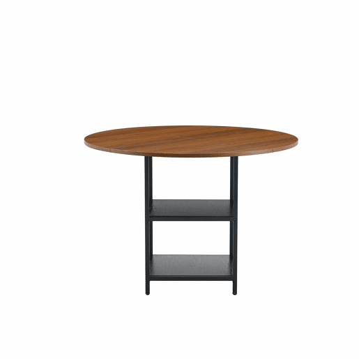 Mesa redonda 107 cm - Duas prateleiras, MDF + estrutura metálica - Cor nogueira