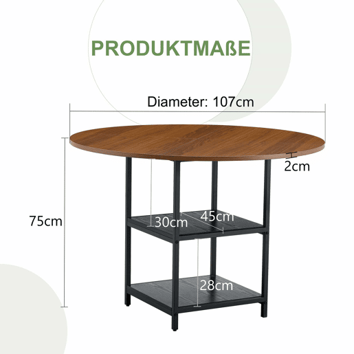 Mesa redonda 107 cm - Duas prateleiras, MDF + estrutura metálica - Cor nogueira