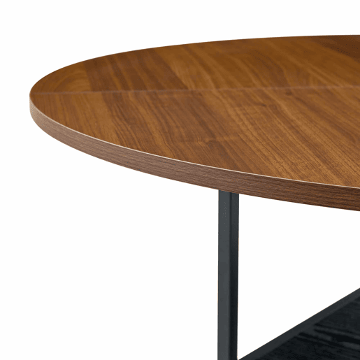 Mesa redonda 107 cm - Duas prateleiras, MDF + estrutura metálica - Cor nogueira