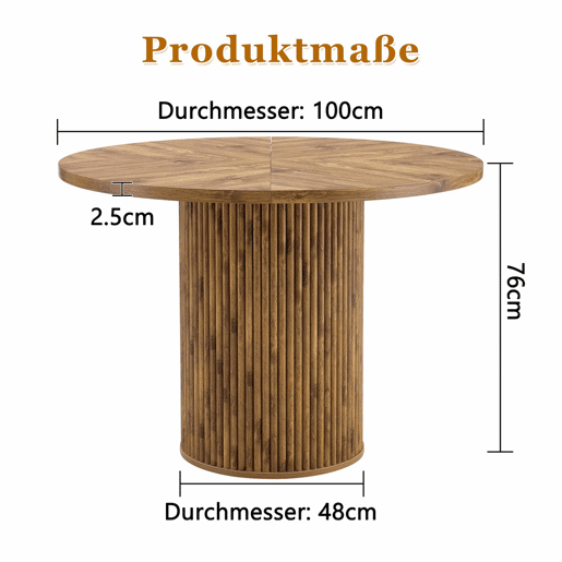 Mesa de jantar redonda 100 cm - Superfície de 4 segmentos com padrão de madeira, pernas cilíndricas com arrumação, barra metálica e fecho de velcro - Cor madeira