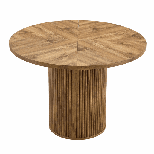 Mesa de jantar redonda 100 cm - Superfície de 4 segmentos com padrão de madeira, pernas cilíndricas com arrumação, barra metálica e fecho de velcro - Cor madeira