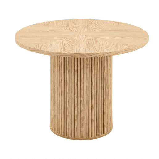 Mesa de jantar redonda 100 cm - 4 segmentos com acabamento em madeira clara, pernas cilíndricas com arrumação, barra metálica e fecho de velcro - cor madeira natural
