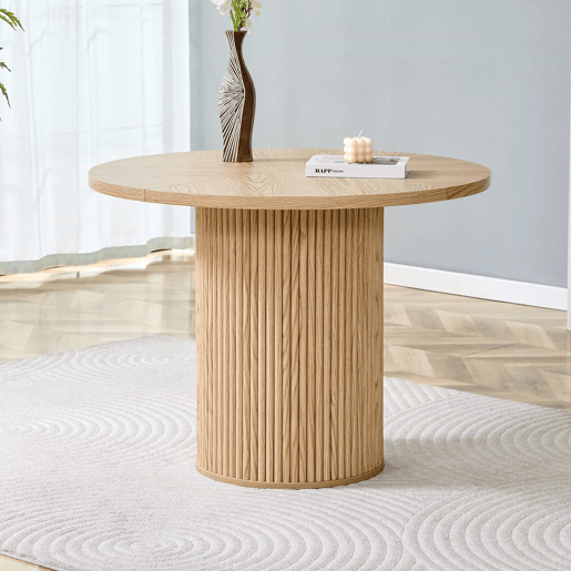 Mesa de jantar redonda 100 cm - 4 segmentos com acabamento em madeira clara, pernas cilíndricas com arrumação, barra metálica e fecho de velcro - cor madeira natural