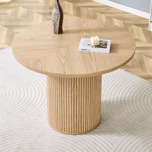 Mesa de jantar redonda 100 cm - 4 segmentos com acabamento em madeira clara, pernas cilíndricas com arrumação, barra metálica e fecho de velcro - cor madeira natural