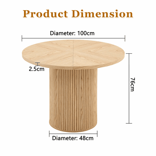 Mesa de jantar redonda 100 cm - 4 segmentos com acabamento em madeira clara, pernas cilíndricas com arrumação, barra metálica e fecho de velcro - cor madeira natural