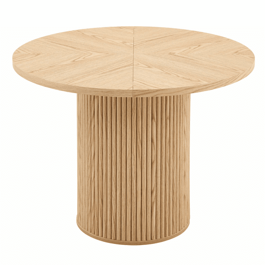 Mesa de jantar redonda 100 cm - 4 segmentos com acabamento em madeira clara, pernas cilíndricas com arrumação, barra metálica e fecho de velcro - cor madeira natural